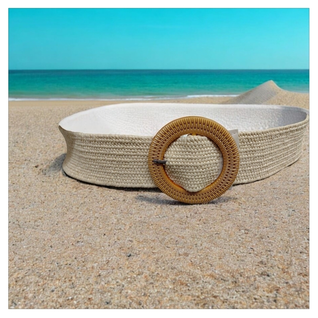 Elegant Cream Woven Belt With Tan Buckle